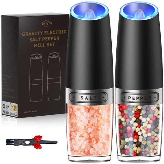 Gravity Electric Salt And Pepper Grinder Set Automatic Shakers Mill Grinder With LED Light, Battery Powered Adjustable Coarseness One Hand Operation, Upgraded Larger Capacity